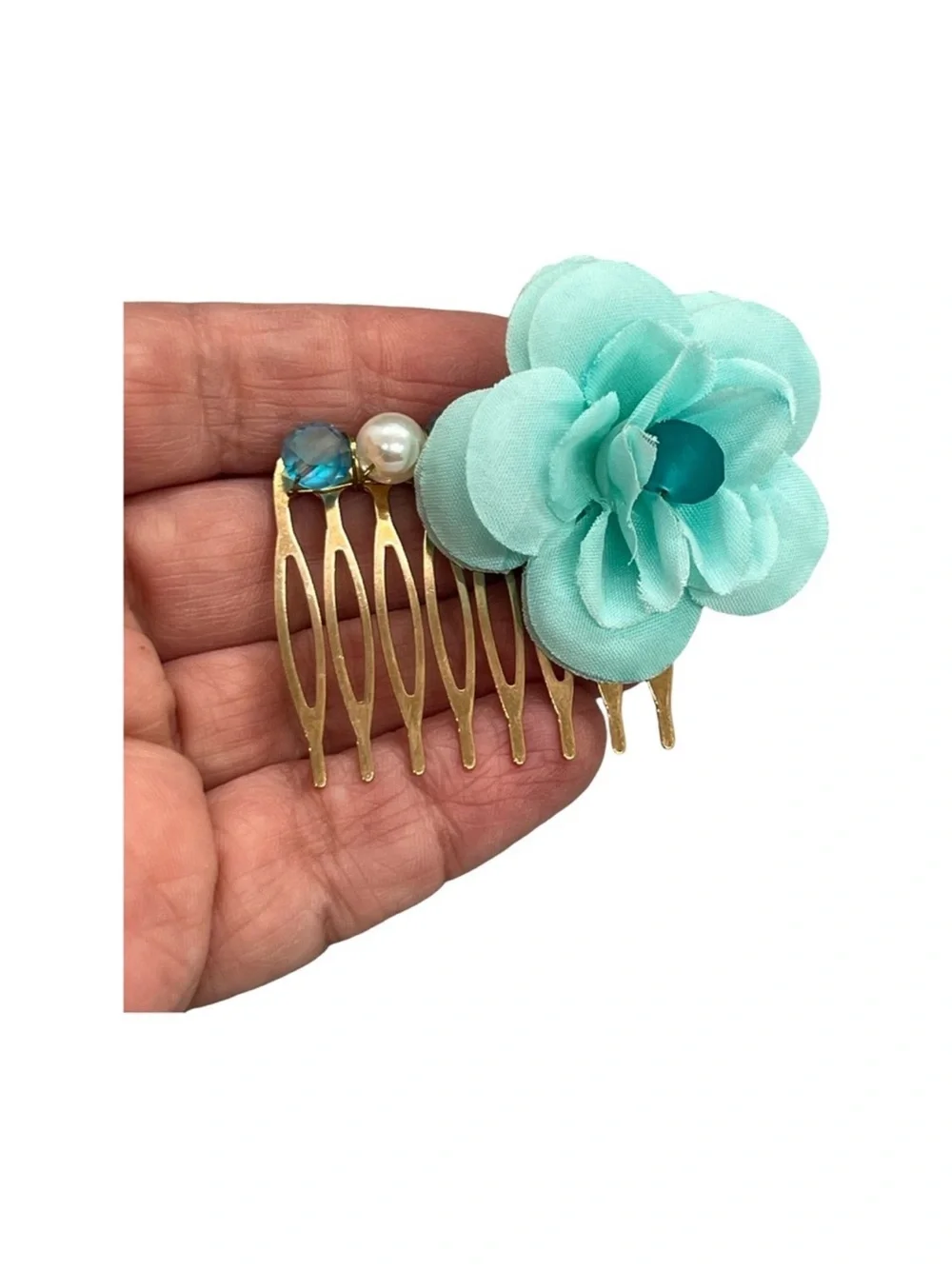Aqua Fabric Flower Hair Comb with Pearl & Crystal Accent FINAL PRICE DROP
